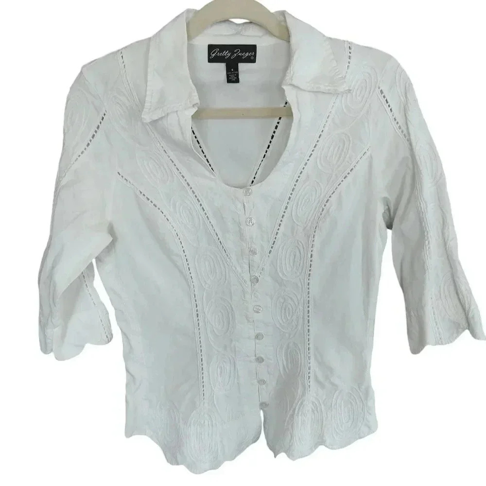 Gretty Zueger cotton 3/4 sleeve collared embroidered button up shirt - Picture 2 of 4